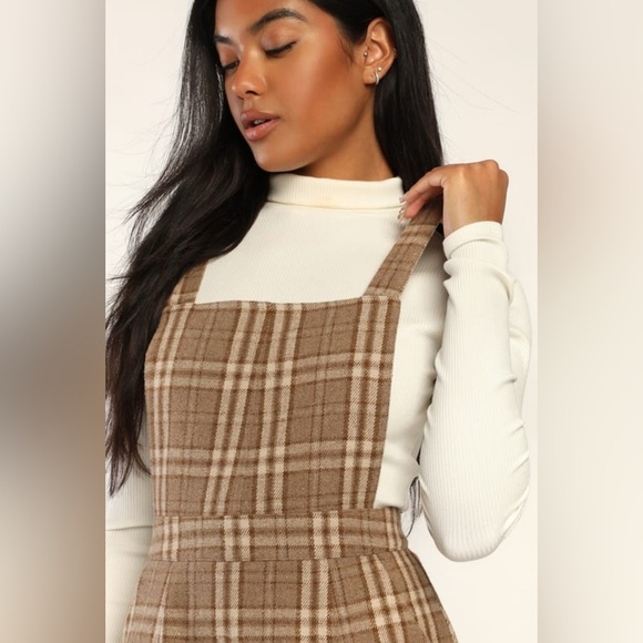 Plaid to Be Yours Beige and Brown Plaid Pinafore Mini Dress - Picture 3 of 8